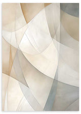 Wandbild mit abstrakter Komposition aus transluzenten, überlagerten Kurven in Beige, Perlgrau, Off-White und Graublau, im ausgewogenen geometrischen Stil für helle Wohnräume. Erhältlich auf kudeko.com