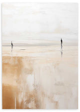 Cuadro de escena costera serena con dos figuras lejanas, reflejos suaves, tonos arena, beige y blanco roto, estilo naturaleza y paisajes. Disponible en kudeko.com