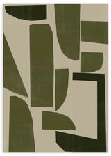 Wandbild mit unregelmäßigen abstrakten Formen in Olivgrün, Moosgrün und hellem Beige, klare Komposition im zeitgenössischen minimalistischen Stil. Erhältlich auf kudeko.com