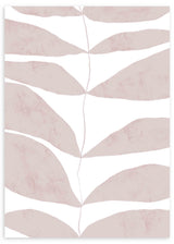 Tableau encadré avec grande feuille stylisée en segments organiques beige rosé sur fond blanc, composition épurée, palette douce et style minimaliste nordique. Disponible sur kudeko.com