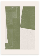 Cuadro de composición geométrica con bloques rectangulares en verde salvia sobre fondo beige claro, de estilo geométrico sereno y equilibrado. Disponible en kudeko.com