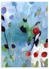 Cuadro con flores abstractas en tonos azul, blanco, rojo, verde y negro, composición ligera de estilo abstracto. Disponible en kudeko.com