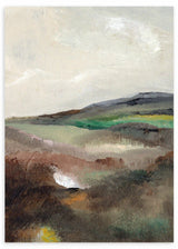 Cuadro de paisaje de colinas suaves, cielo claro, campos en beige, gris, verde musgo y marrón, de estilo naturaleza y paisajes. Disponible en kudeko.com