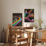 Tableau surréaliste avec escaliers flottants dans l’espace et planètes, composition décorative aux tons sombres et ambiance onirique. Disponible sur kudeko.com