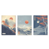Conjunto de tres cuadros paisajes japoneses estilo Japandi, kudeko.com