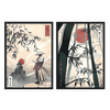 Conjunto de dos cuadros japoneses estilo Japandi con samurái y bosque de bambú, kudeko.com\n