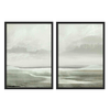 Set aus zwei Wandbildern mit nebligem See, sanften Ufern, ruhigem Wasser, fernen Bäumen, Perlgrau, Off-White, Salbeigrün und Natur-Landschaftsstil. Erhältlich auf kudeko.com