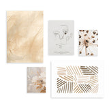 Conjunto de cuadros minimalistas en beige y dorado con ilustraciones abstractas, arte lineal y motivos florales, disponible en kudeko.com.