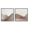 Conjunto de quadros quadrados castanhos minimalistas abstratos, com inspiração em paisagens naturais, para uma decoração de parede serena e contemporânea. Disponível em kudeko.com