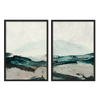 Conjunto de dos cuadros con montañas suaves al fondo, horizonte despejado, terreno en azul petróleo, blanco roto, beige y negro, de estilo abstracto. Disponible en kudeko.com