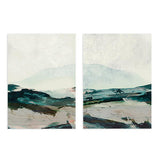 Conjunto de dos cuadros con montañas suaves al fondo, horizonte despejado, terreno en azul petróleo, blanco roto, beige y negro, de estilo abstracto. Disponible en kudeko.com