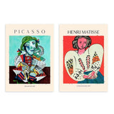 Ensemble de deux tableaux avec portraits artistiques inspirés de Picasso et Henri Matisse, figures féminines, tons turquoise, corail, crème, noir et bleu, style illustration classique et créatif. Disponible sur kudeko.com