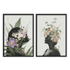 Conjunto de dos cuadros, ilustraciones artísticas de mujeres con motivos florales