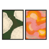 Conjunto de dos cuadros abstractos orgánicos con colores intensos en verde, rosa y naranja, en marco negro, kudeko.com\n