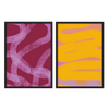 Conjunto de dos cuadros abstractos gráficos con colores vibrantes en burdeos, rosa y amarillo, en marco negro, kudeko.com\n