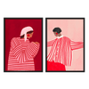 Conjunto de dos cuadros ilustrados con mujeres en camisas a rayas rojas, kudeko.com\n