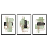 Set aus drei Wandbildern mit überlagerten abstrakten Formen in Salbeigrün, hellem Beige, Off-White und Kohleschwarz, im modernen abstrakten Stil gestaltet. Erhältlich auf kudeko.com