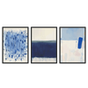 Conjunto de tres cuadros abstractos en tonos azules con marco negro, kudeko.com\n
