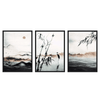 Conjunto de tres cuadros japoneses minimalistas con paisajes en tinta sumi-e, kudeko.com\n