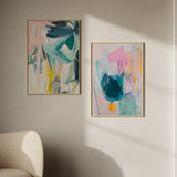 Cuadro abstracto expresionista con trazos en azul, turquesa, rosa y amarillo, kudeko.com