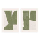 Conjunto de dos cuadros con formas geométricas abstractas en verde oliva y fondo crema, composición equilibrada de estilo geométrico. Disponible en kudeko.com