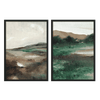 Conjunto de dos cuadros con paisaje de colinas, praderas verdes, zonas en tonos tierra y cielo claro, de estilo naturaleza y paisajes. Disponible en kudeko.com