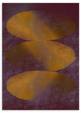 Cuadro abstracto con formas ovaladas doradas sobre fondo granate, en marco negro, kudeko.com