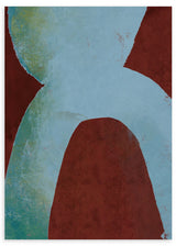 Cuadro abstracto con formas curvas azuladas sobre fondo rojo terroso, en marco negro, kudeko.com