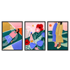 Conjunto de tres cuadros ilustrados coloridos con figuras femeninas y paisajes modernos, kudeko.com\n
