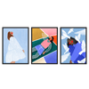 Conjunto de tres cuadros ilustrados con mujeres en escenas modernas y coloridas, kudeko.com\n