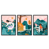 Conjunto de tres cuadros ilustrados con mujeres y paisajes naturales coloridos, kudeko.com\n