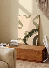 Cuadro con formas abstractas sinuosas en beige, verde oliva y marrón oscuro, composición orgánica de estilo abstracto para pared moderna. Disponible en kudeko.com