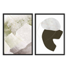 Conjunto de dos cuadros con formas abstractas orgánicas, planos en blanco roto, beige, gris piedra, verde oliva suave, negro y líneas doradas, de estilo abstracto. Disponible en kudeko.com
