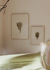 Composición de dos cuadros decorativos de estilo minimalista y orgánico, rana abrazando una hoja en estilo sepia, modelo Abrazo Anfibio