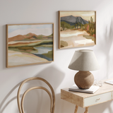 Composición de dos cuadros decorativos de estilo orgánico y minimalista, paisaje sereno en acuarela, modelo Calm Watercolor Landscape