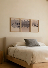 Composición de tres cuadros decorativos de estilo minimalista y orgánico, composición abstracta orgánica en acuarela, modelo Abstract Ink Flow