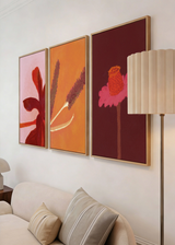 Composición de tres cuadros decorativos de estilo minimalista y orgánico, flor rosa minimalista, modelo Flor Nocturna
