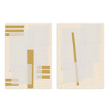 Conjunto de dos cuadros con composición abstracta de rectángulos, franjas doradas, fondo beige claro y superposiciones suaves de estilo abstracto. Disponible en kudeko.com