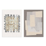Set aus zwei gerahmten Wandbildern mit abstrakten Rechtecken, geometrischen Strukturen in Beige, Grau, Creme und Off-White, im zeitgenössischen abstrakten Stil. Erhältlich auf kudeko.com