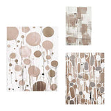Ensemble de trois tableaux avec cercles, lignes et formes organiques allongées en beige, taupe, gris et blanc, dans un style abstrait équilibré et épuré. Disponible sur kudeko.com