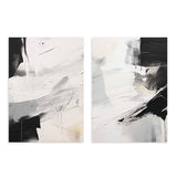Ensemble de deux tableaux avec composition abstraite en noir, blanc, gris et beige doux, formes larges, fond clair et style abstrait contemporain épuré. Disponible sur kudeko.com