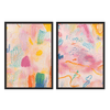 Conjunto de dos cuadros con trazos sueltos, líneas onduladas y manchas en rosa pastel, amarillo, coral y azul turquesa, de estilo abstracto. Disponible en kudeko.com