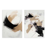 Conjunto de dos cuadros con composición abstracta en negro, beige arena y blanco roto, con formas amplias, contrastes intensos y equilibrio contemporáneo de estilo abstracto. Disponible en kudeko.com