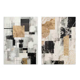 Conjunto de dos cuadros con composición abstracta de bloques negros, blancos, grises y detalles dorados, con líneas finas y contraste moderno de estilo abstracto. Disponible en kudeko.com