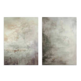 Conjunto de dos cuadros abstractos con texturas suaves, manchas difuminadas en beige, gris, blanco roto y tonos topo, de estilo abstracto. Disponible en kudeko.com