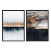Conjunto de dos cuadros abstractos en tonos blanco, negro, gris y dorado, con franjas suaves, capas fluidas y efecto mineral elegante. Disponible en kudeko.com