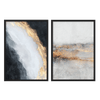 Conjunto de dos cuadros abstractos con formas etéreas en blanco, gris, negro y detalles dorados, composición elegante de efecto mineral y contemporáneo. Disponible en kudeko.com