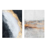 Conjunto de dois quadros abstratos emoldurados com formas etéreas em branco, cinzento, preto e detalhes dourados, composição contemporânea com textura mineral e horizontes difusos. Disponível em kudeko.com