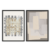 Ensemble de deux tableaux encadrés avec rectangles superposés, trames géométriques, tons beige, gris, crème et blanc cassé, dans un style abstrait contemporain. Disponible sur kudeko.com