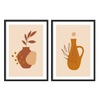 Conjunto de dos cuadros con jarrones bohemios, hojas decorativas, formas orgánicas en terracota, beige y mostaza, de estilo minimalista. Disponible en kudeko.com